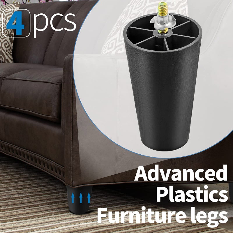 Masendelk 4 inch Plastic Furniture Legs, Round Tapered Table Legs Black Sofa Legs Replacement Legs with M8 Hanger Bolts for Couch Table Sofa, Pack of 4 - Image 5